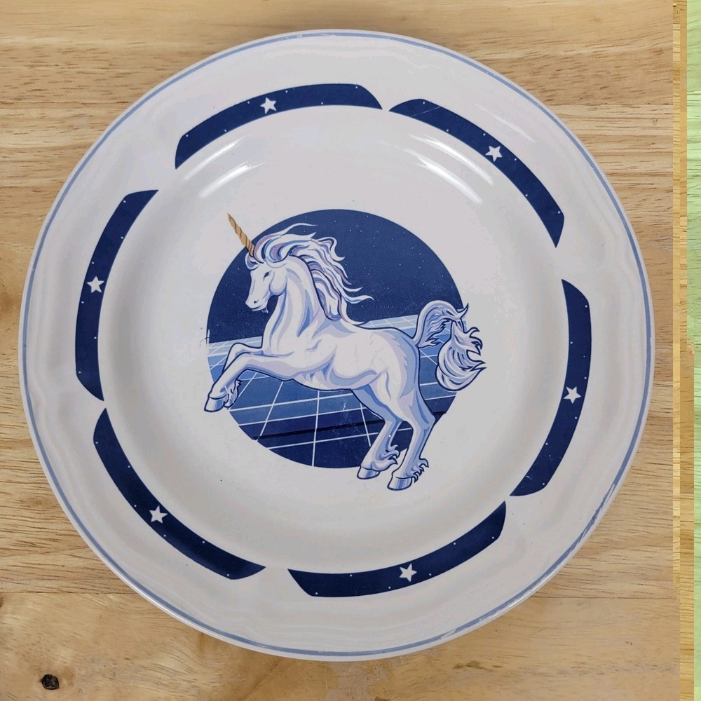 VTG 80s Tienshan Stoneware 'Blue Unicorn Fantasy' Salad Dessert Plate Celestial